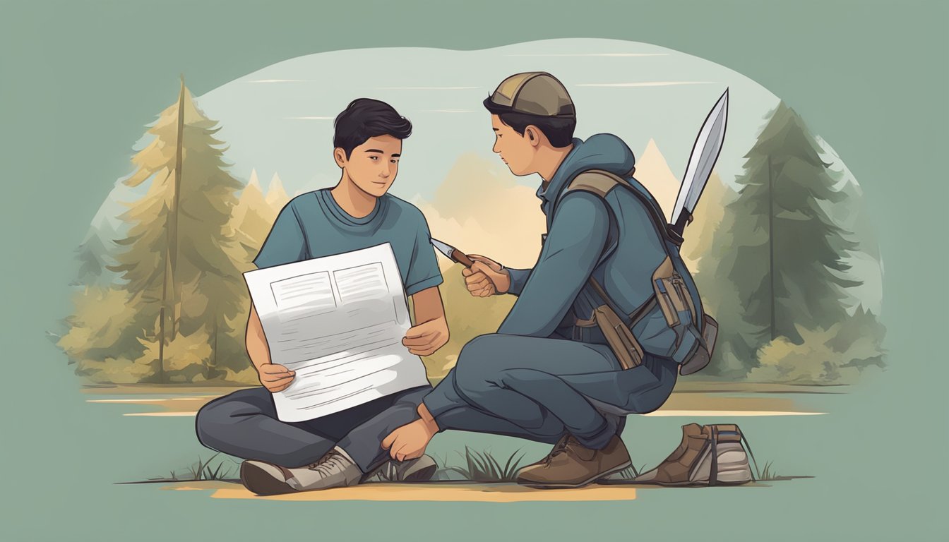 A young person holding a hunting knife, with a legal document and a parent or guardian present