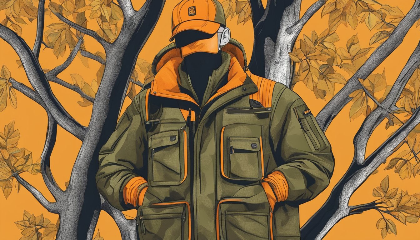 A youth hunting jacket in bright orange, with multiple pockets and camouflage accents, hanging from a tree branch in a forest setting