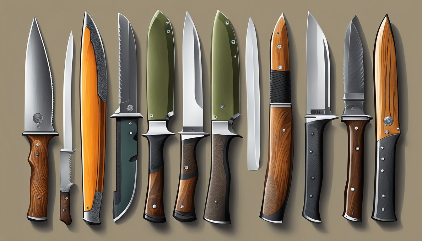 A collection of sleek, modern hunting knives displayed on a rustic wooden table