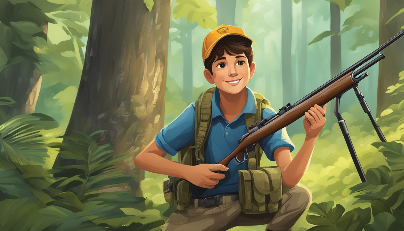 A young hunter proudly displays their freshly obtained youth hunting license amidst a lush forest backdrop, showcasing the benefits of engaging in this outdoor activity