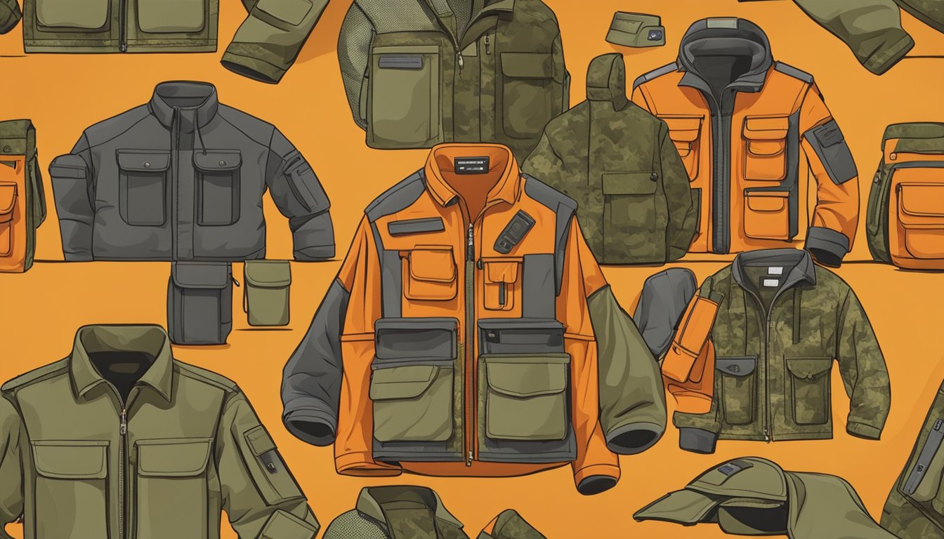 An orange youth hunting jacket layered over a camo shirt, with multiple pockets and adjustable straps for comfort and mobility