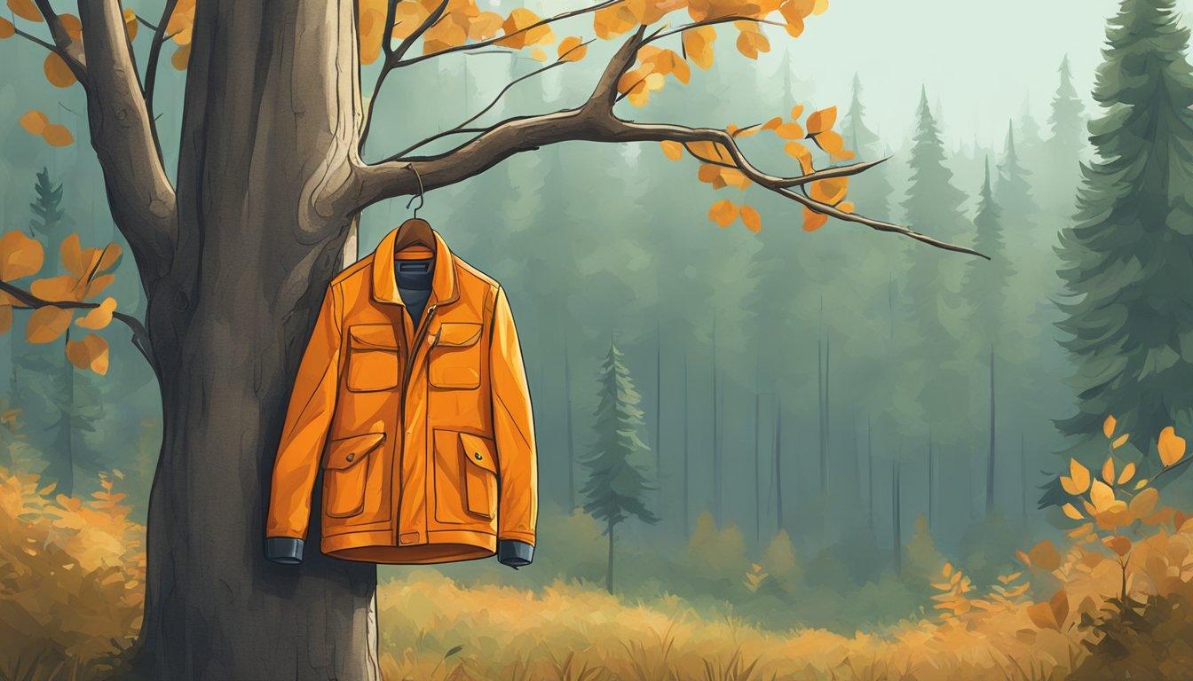 An orange youth hunting jacket hanging from a tree branch in a forest clearing