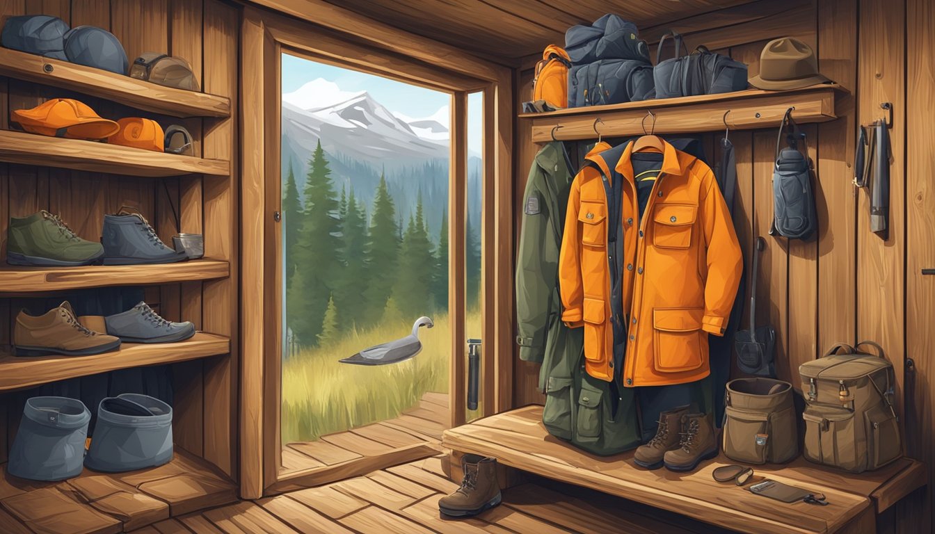 An orange youth hunting jacket hanging on a wooden coat rack in a rustic cabin, surrounded by hunting gear and outdoor equipment