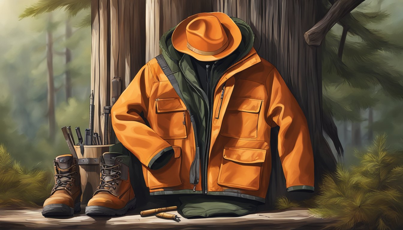 An orange youth hunting jacket displayed with affordable hunting gear in a rustic outdoor setting