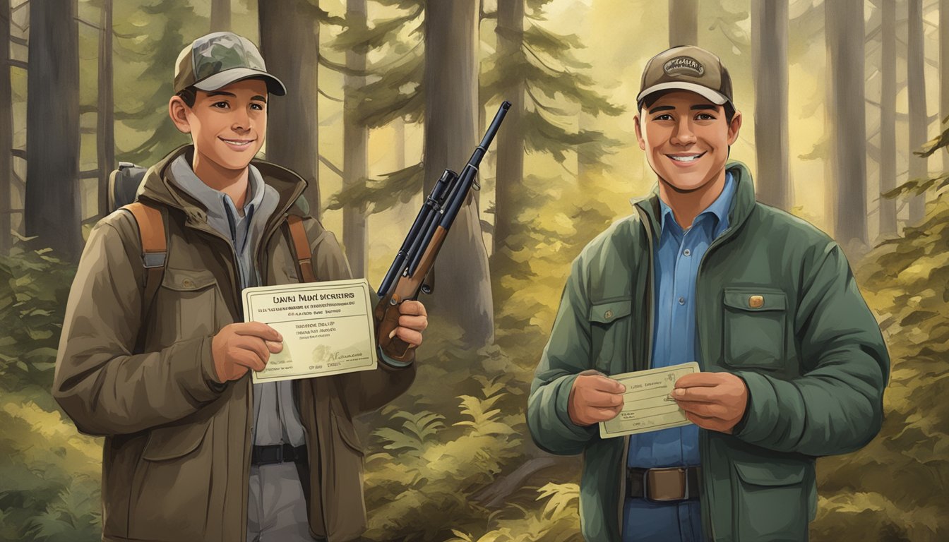 A young hunter proudly displays their newly acquired hunting license to their mentor