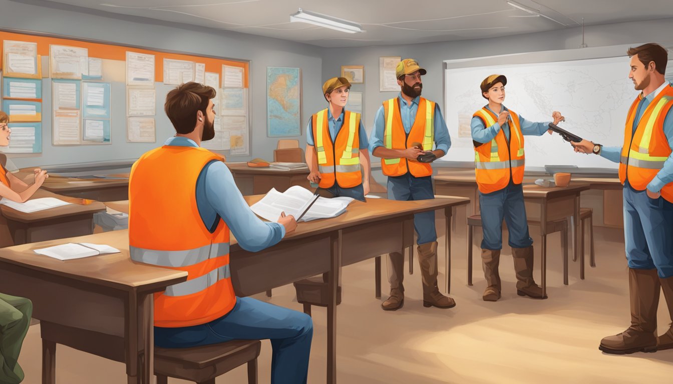 A group of young hunters, wearing bright orange vests, gather around an instructor in a classroom setting. Safety rules and regulations are displayed on the walls