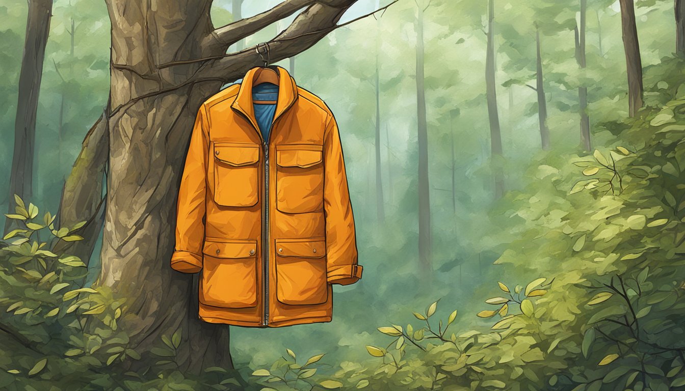 An orange youth hunting jacket hangs from a tree branch in a dense forest clearing