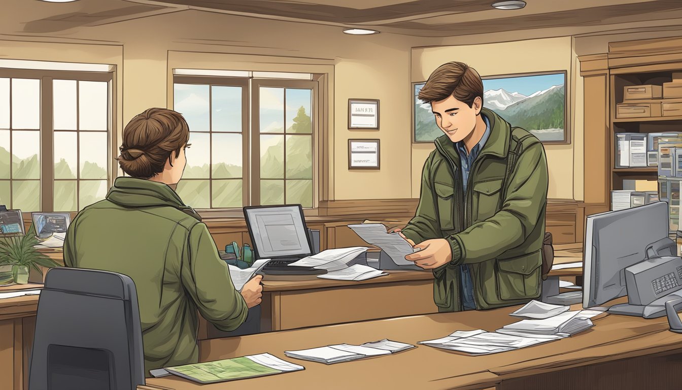 A young hunter purchasing a hunting license at a wildlife agency office counter