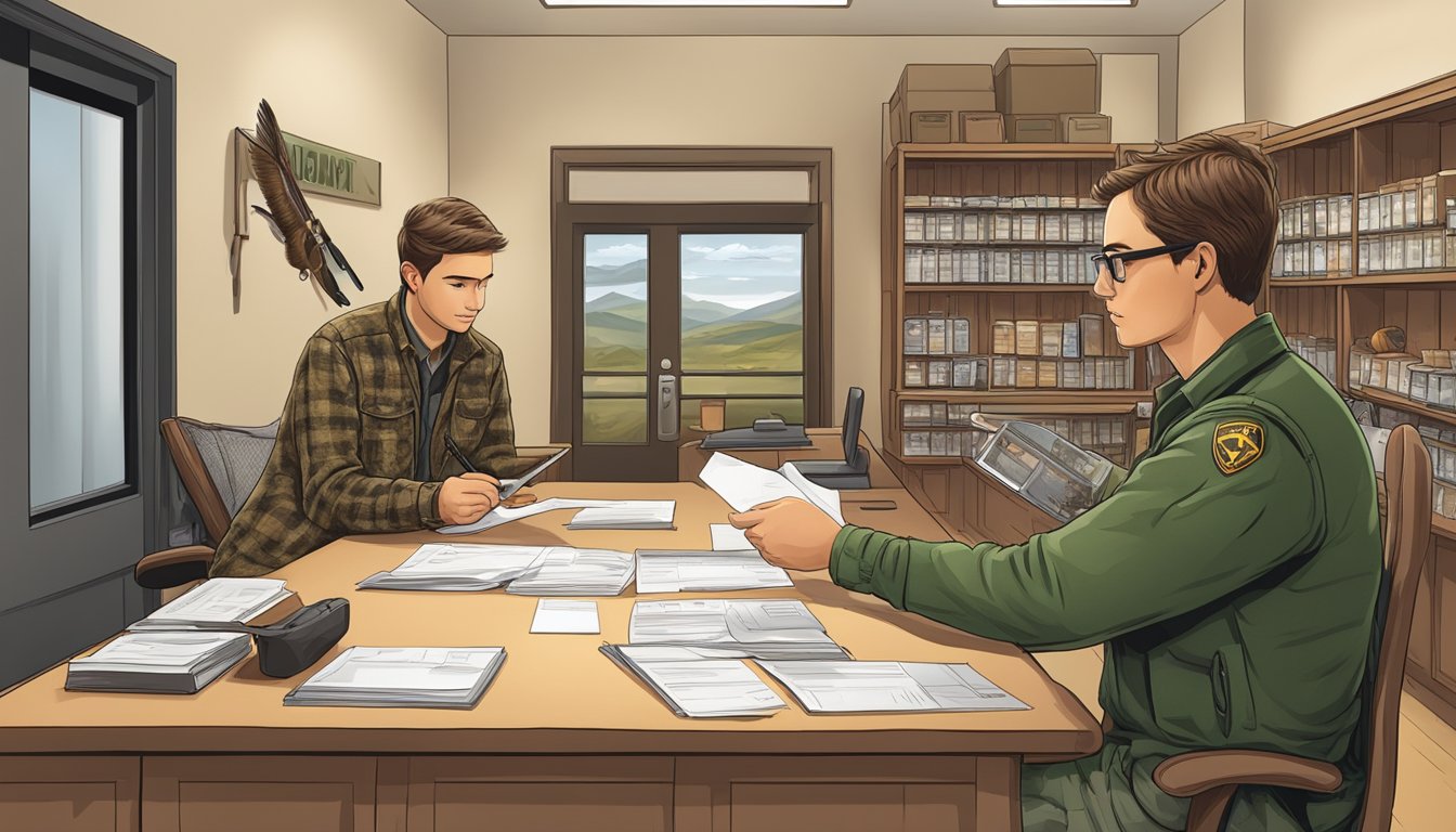 A young hunter purchasing a hunting license at a wildlife agency office