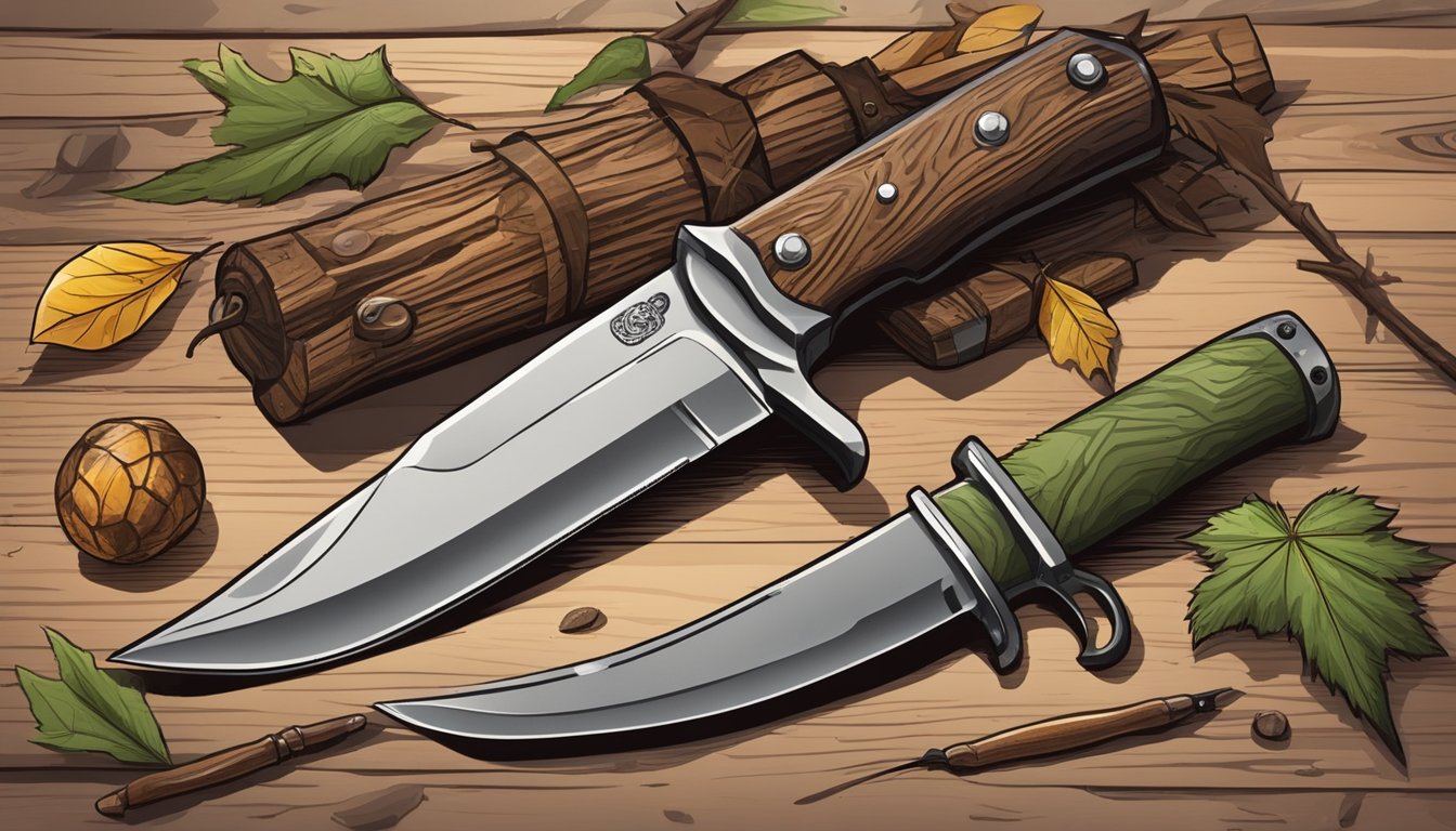 A youth hunting knife lies on a rustic wooden table, surrounded by leaves, twigs, and a small game animal