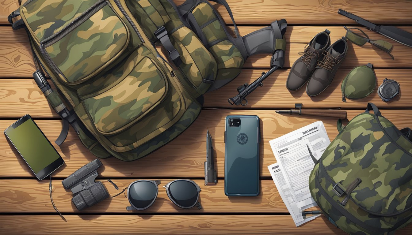 A young hunter's license, camouflage clothing, a backpack, and a rifle laid out on a wooden table