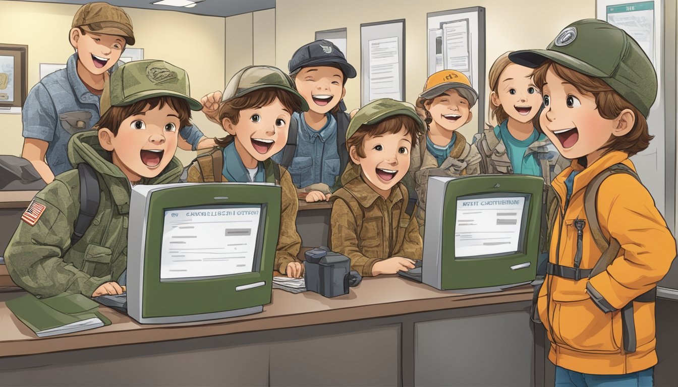 A group of children, dressed in hunting gear, excitedly purchasing youth hunting licenses at a government office counter