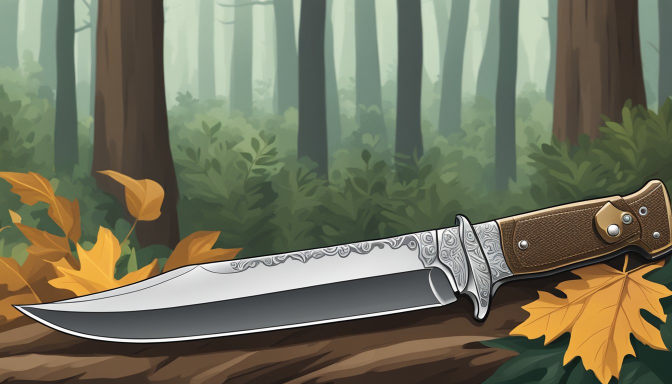 A sturdy youth hunting knife with a non-slip grip, a sharp blade, and a protective sheath, laying against a backdrop of woodland foliage and wildlife