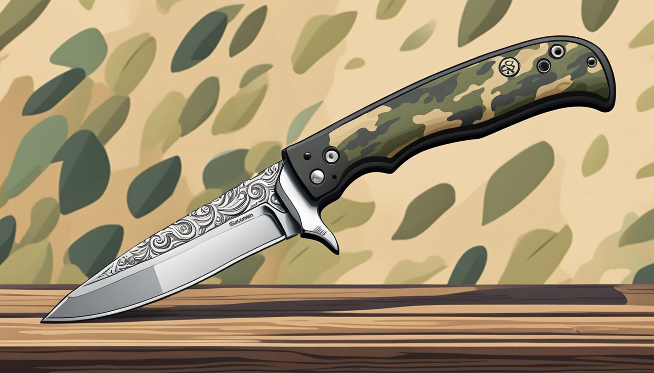 A hunting knife with a durable blade and ergonomic handle displayed on a rustic wooden table with a camouflage backdrop