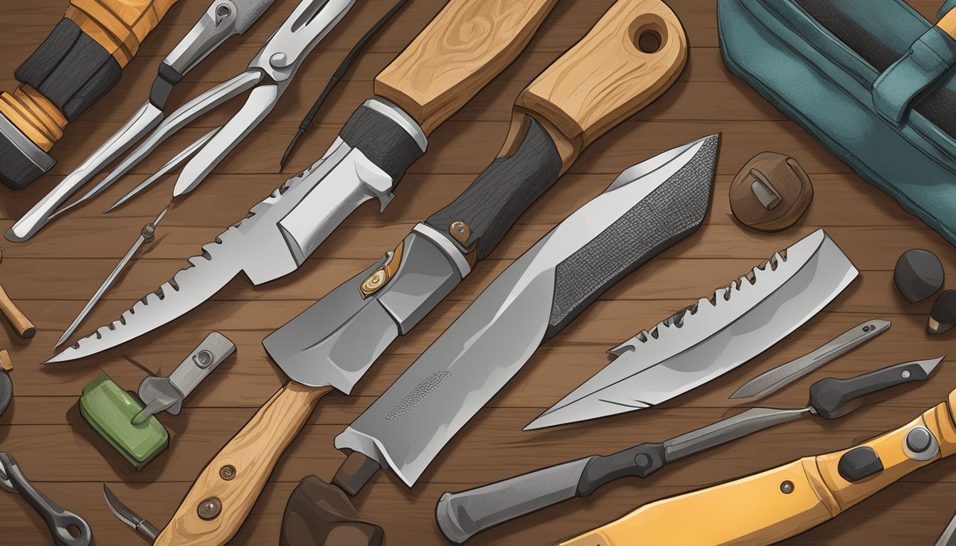 A hand holding a hunting knife, being sharpened with a whetstone on a wooden surface, surrounded by various maintenance tools