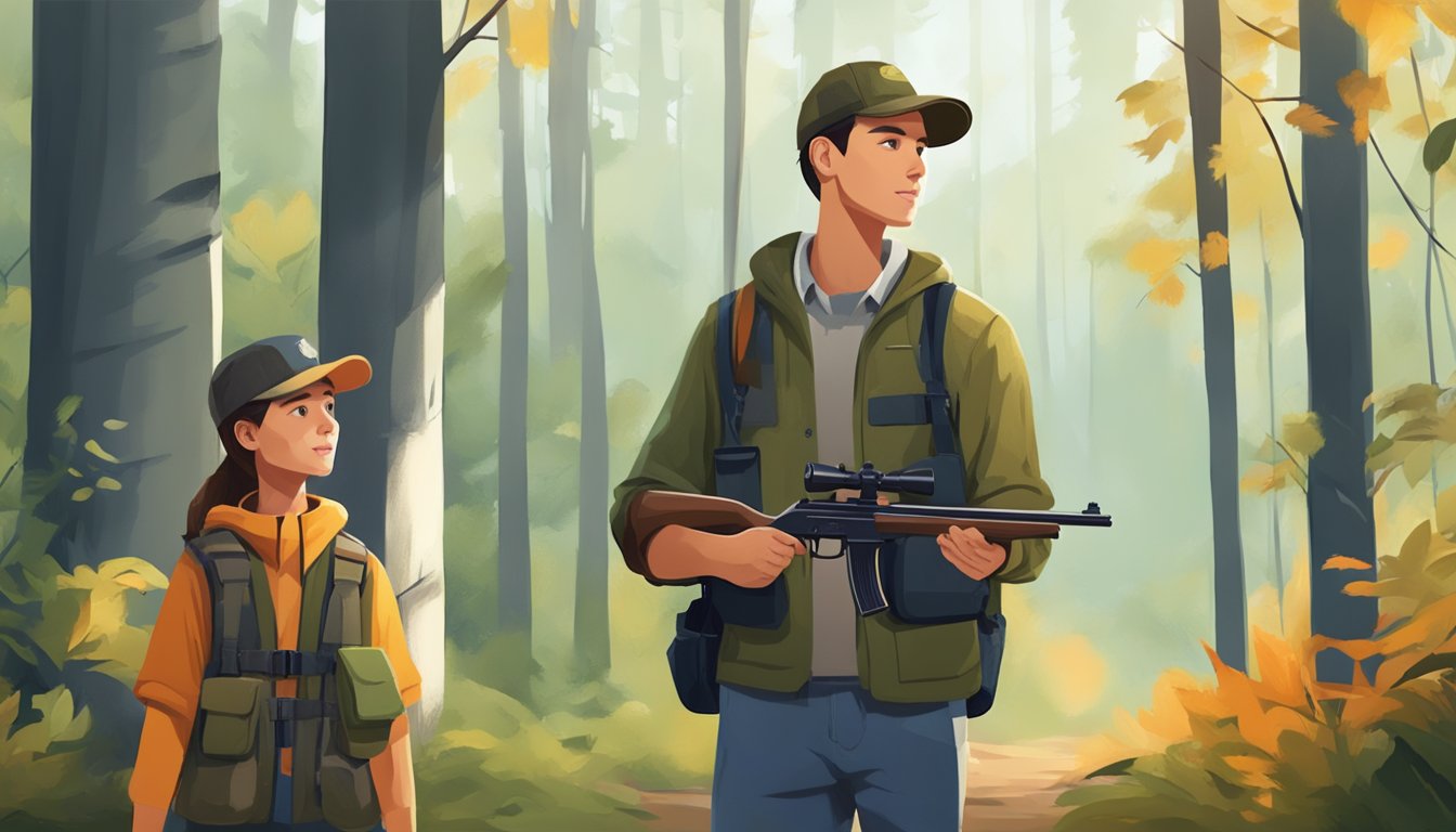 A young person holding a hunting license with a price tag, standing in a forest with a rifle and a mentor