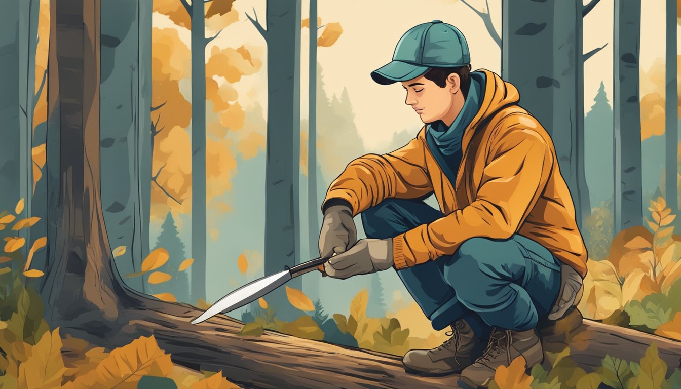 A young hunter carefully cleans and sharpens their knife before heading into the woods