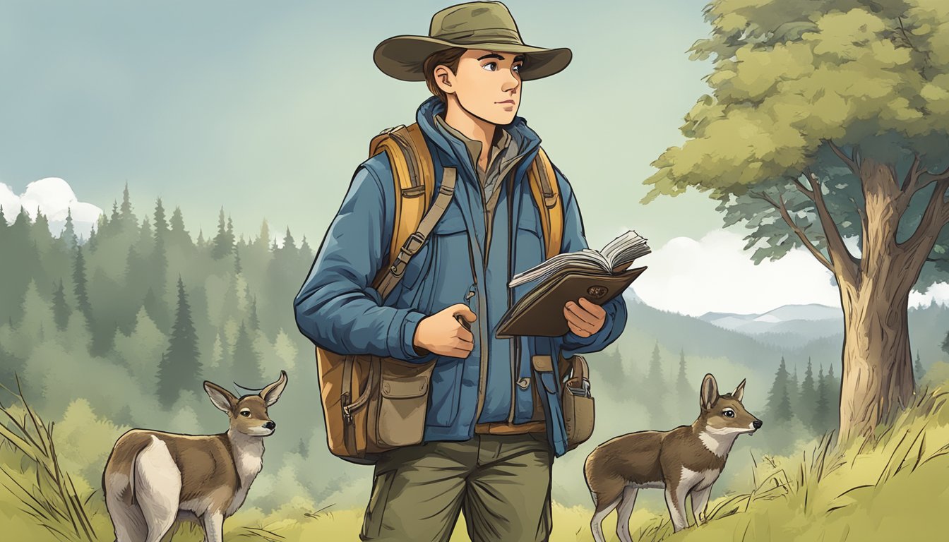 A young hunter holding a wallet, looking at a price list for youth hunting licenses, with a concerned expression