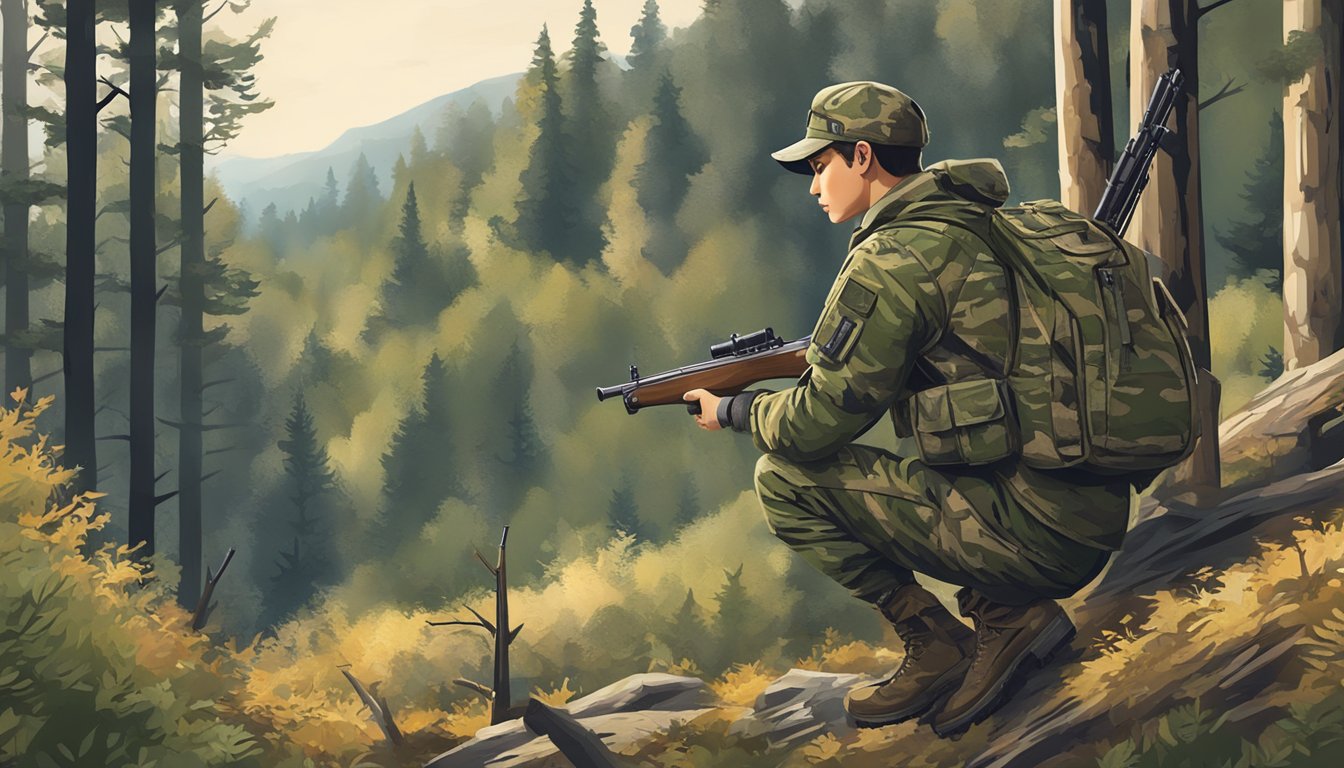 A young hunter standing in a forest, wearing camouflage gear, holding a rifle, and looking out at the landscape