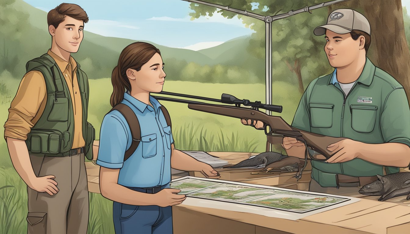 A young person holding a hunting license while standing next to a safety instructor and a wildlife education display