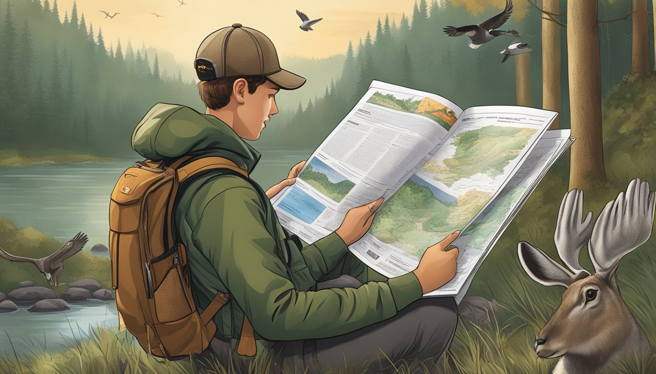 A young person reading a hunting license brochure with a price list, surrounded by nature and wildlife