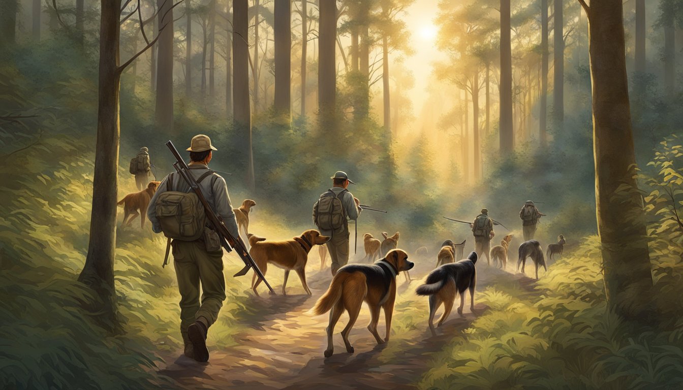 A group of young hunters trek through a dense forest, rifles in hand, as their loyal hunting dogs eagerly lead the way. The sun casts a warm glow through the trees, creating a picturesque setting for a hunting adventure