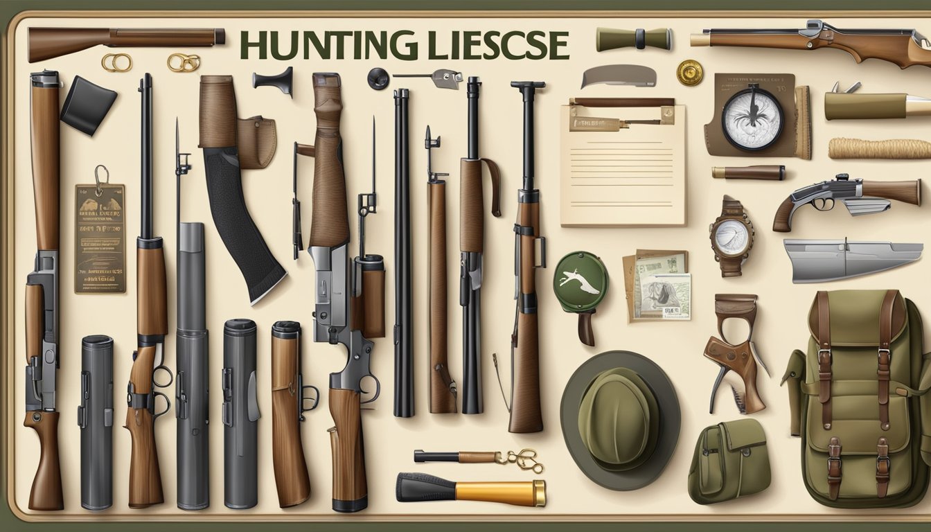 A hunting license displayed with hunting equipment and accessories