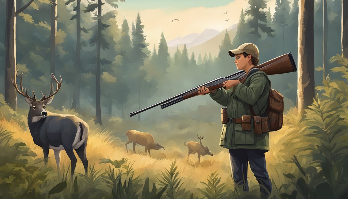 A young hunter holding a shotgun, standing in a forest clearing with wildlife in the background