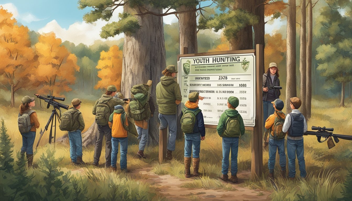 A group of young hunters gather around a sign displaying the new price for youth hunting licenses, with a backdrop of trees and wildlife