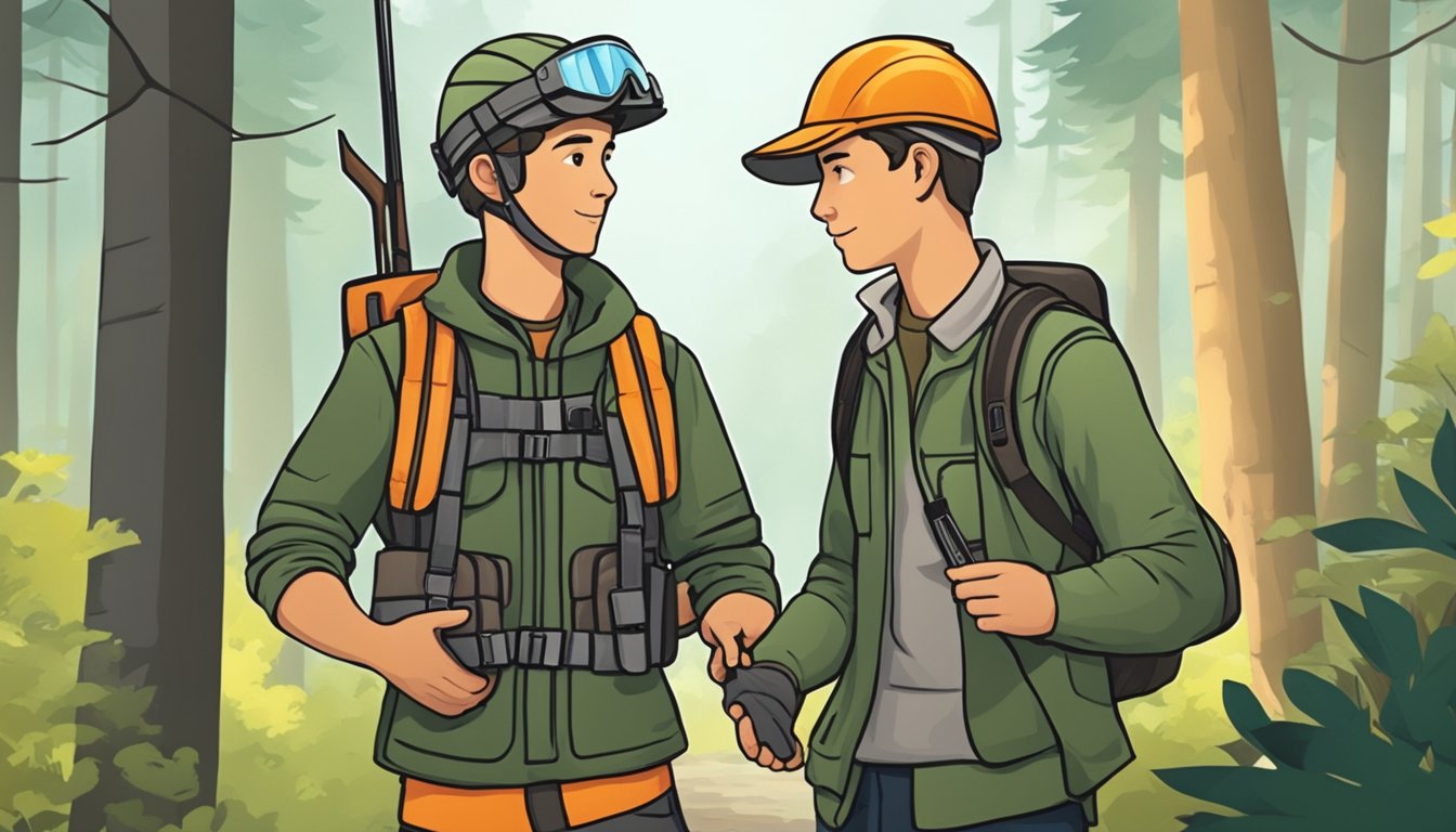 A young hunter wearing safety gear and holding a hunting license while walking through a forest with a mentor