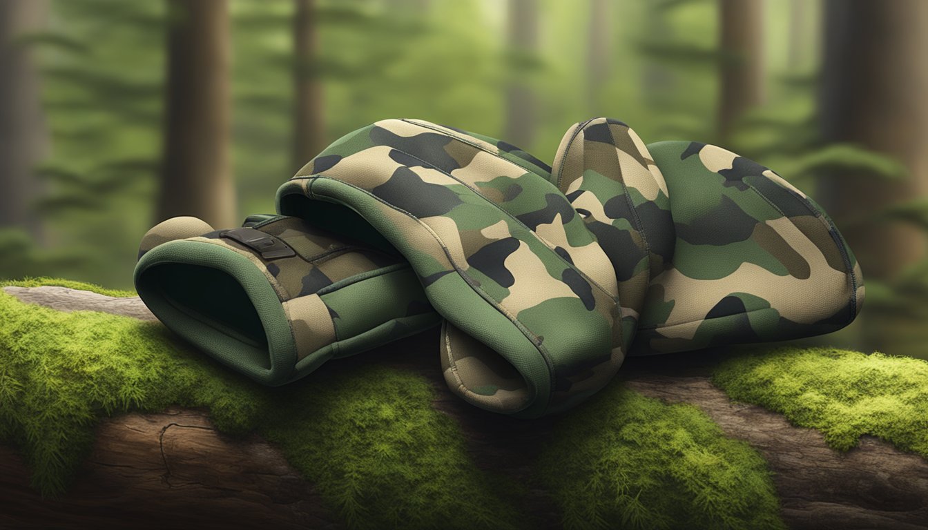 A pair of camouflage youth hunting mittens resting on a mossy log in a dense forest setting