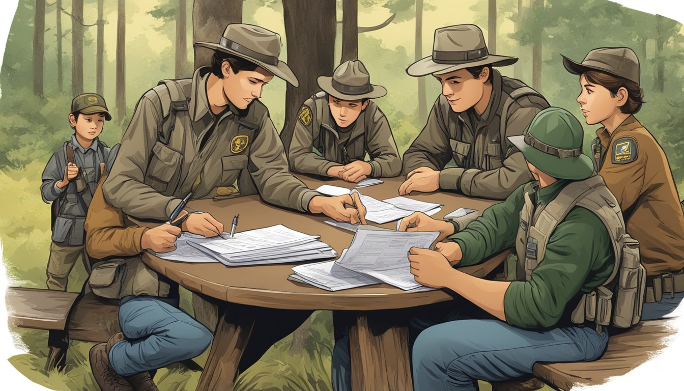 A group of young hunters gather around a table, eagerly filling out paperwork while a park ranger assists them with their youth hunting licenses