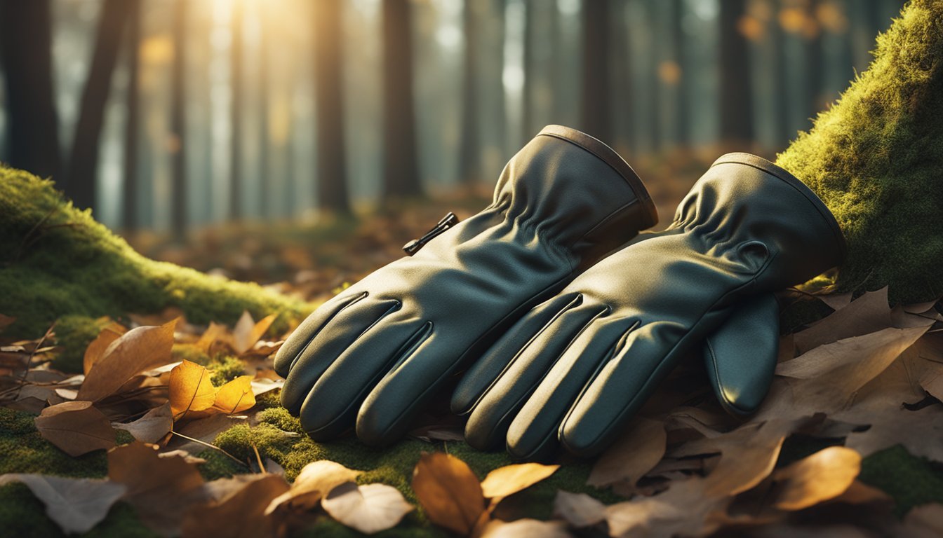 A pair of youth hunting gloves laid out on a mossy forest floor, surrounded by fallen leaves and twigs, with the soft glow of sunlight filtering through the trees