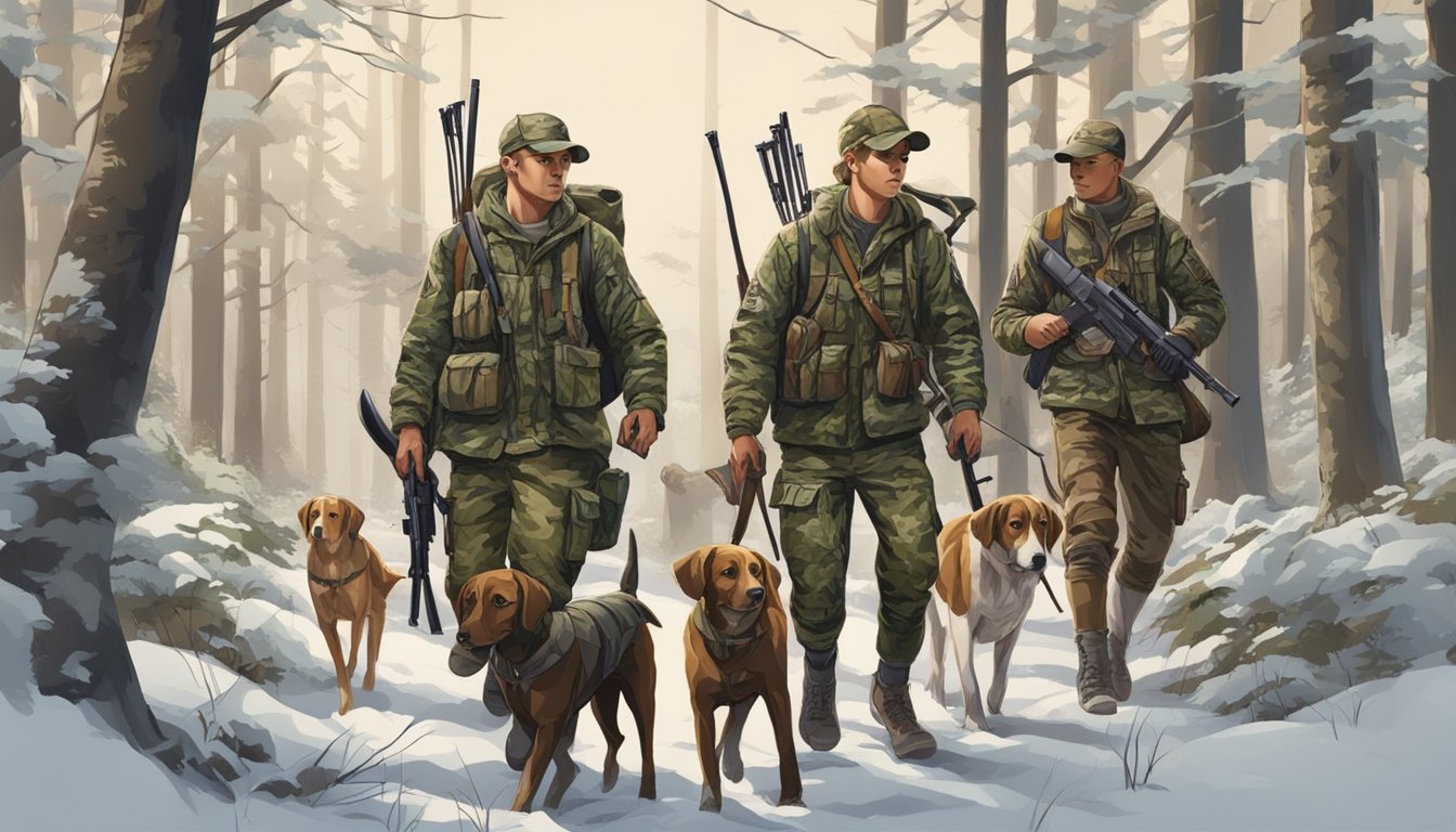 A group of young hunters in camouflage gear, carrying rifles and walking through a forest with their hunting dogs