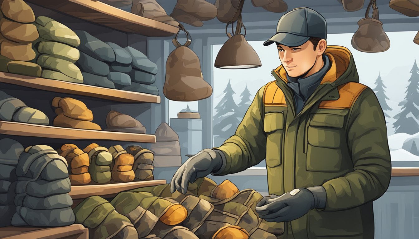 A young hunter carefully examines a selection of warm, camouflaged mittens in a well-stocked outdoor gear store