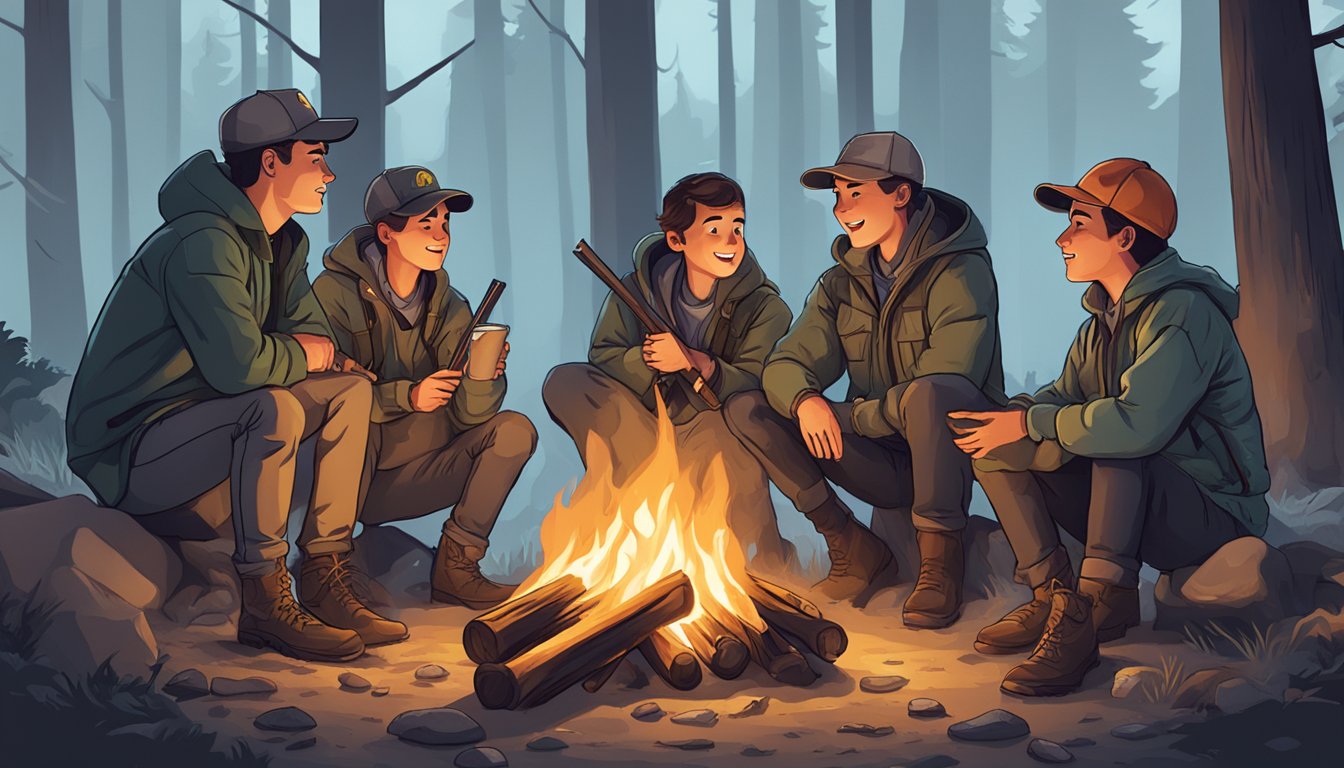 A group of young hunters share memes around a campfire