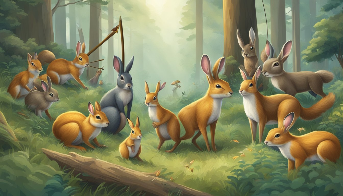 A group of young animals, including a deer, rabbit, and squirrel, gather in a forest clearing, each holding a small bow and arrow