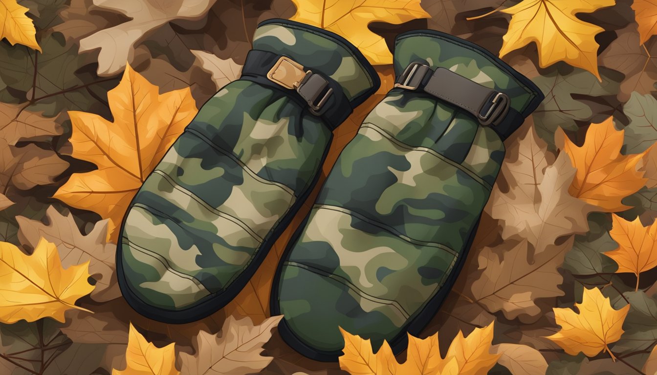 A pair of youth hunting mittens in camouflage pattern, lying on a bed of fallen leaves in a dense forest