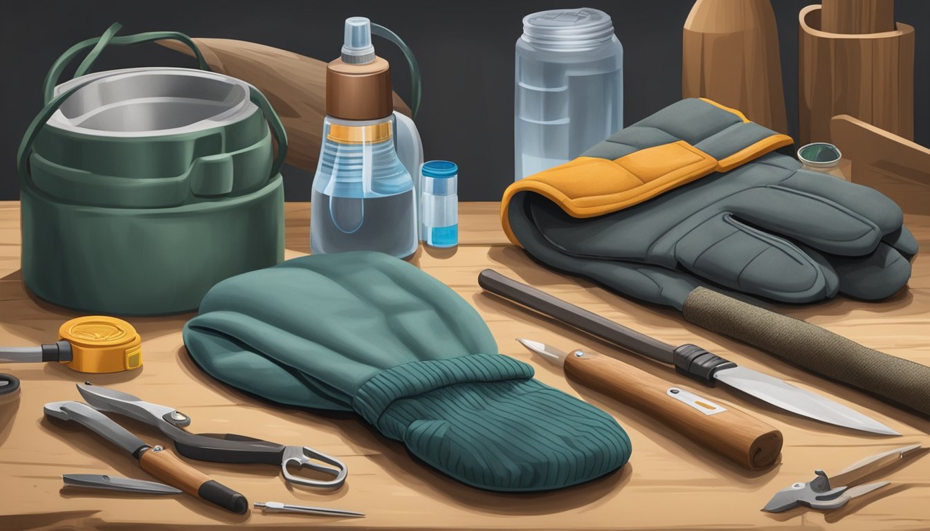 A pair of youth hunting mittens laid out on a clean, well-organized workbench with a small toolkit and a bottle of waterproofing spray nearby