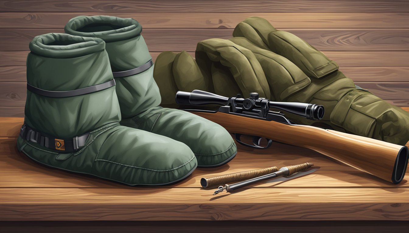 A pair of insulated youth hunting mittens laying on a wooden table, with a hunting rifle and safety gear in the background