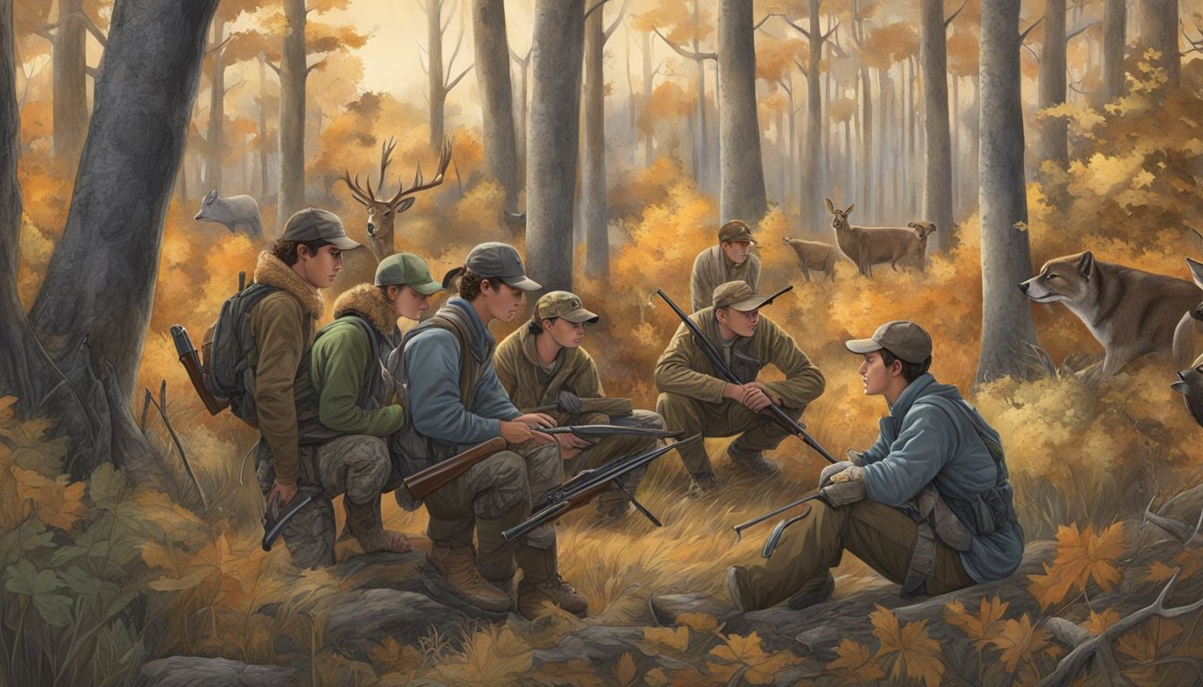 A group of young hunters gather in a wooded area, surrounded by key species of wildlife, as they eagerly await the start of the open hunting season