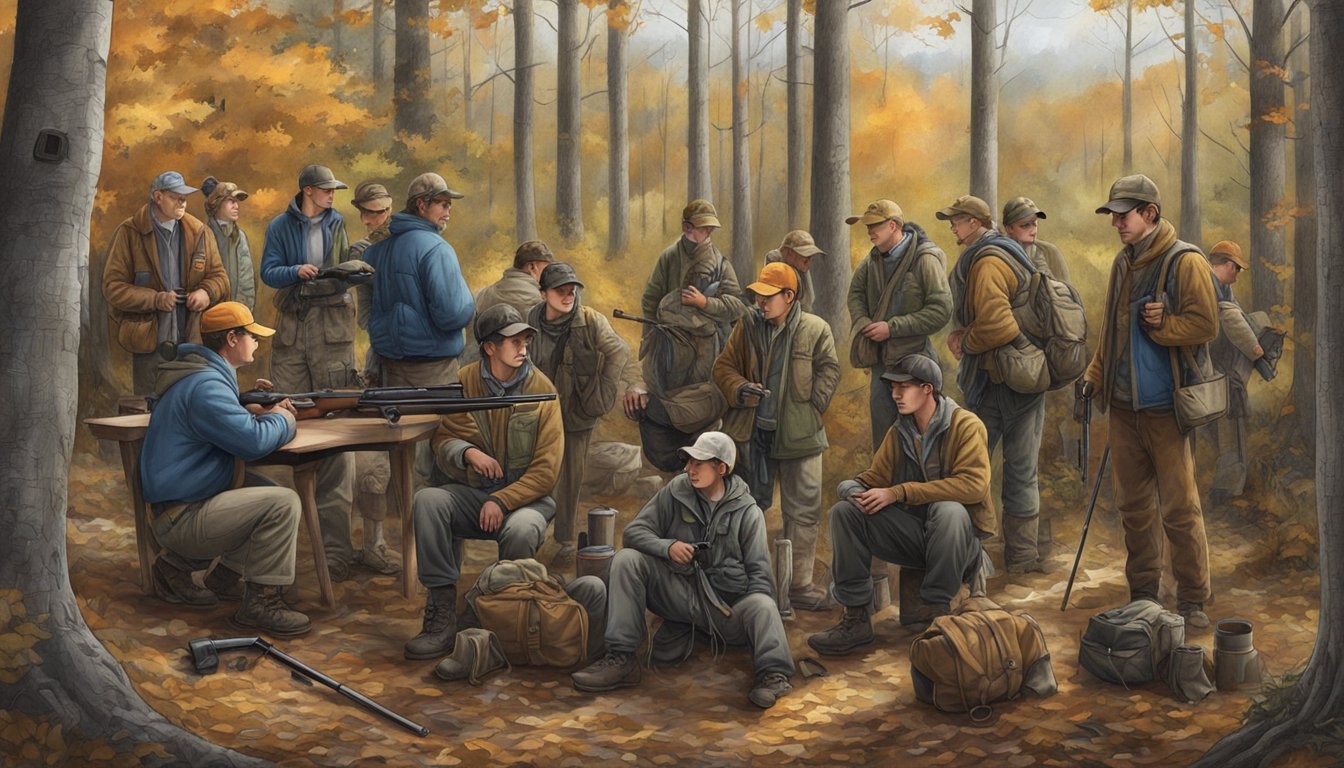 A group of young hunters and their mentors gather at a designated hunting area, checking their equipment and reviewing legal requirements before heading out into the woods