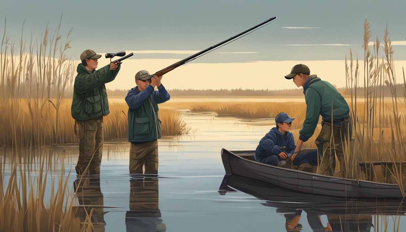 A group of young hunters set up decoys and blinds in a marshy wetland, preparing for the youth hunting opener