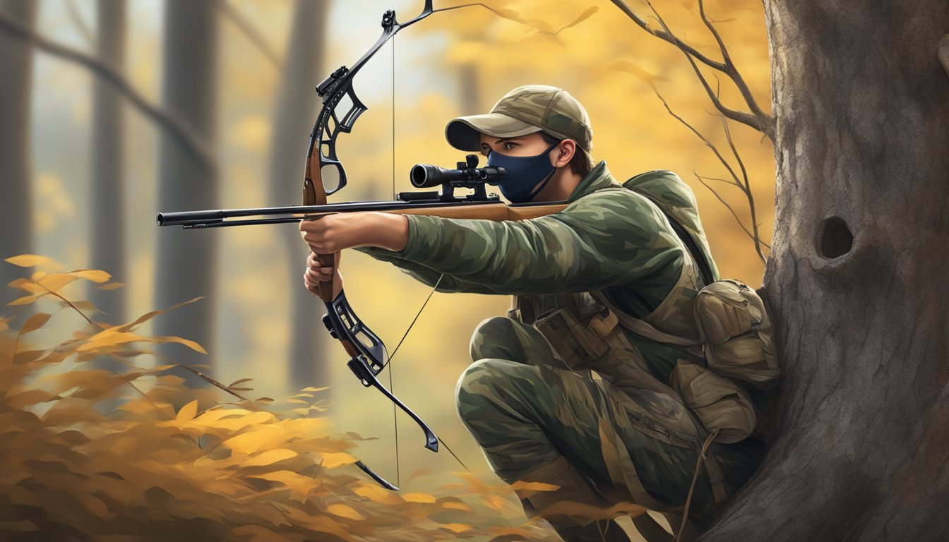 A young hunter wearing a camouflage mask, crouched behind a tree, aiming a bow at a distant target