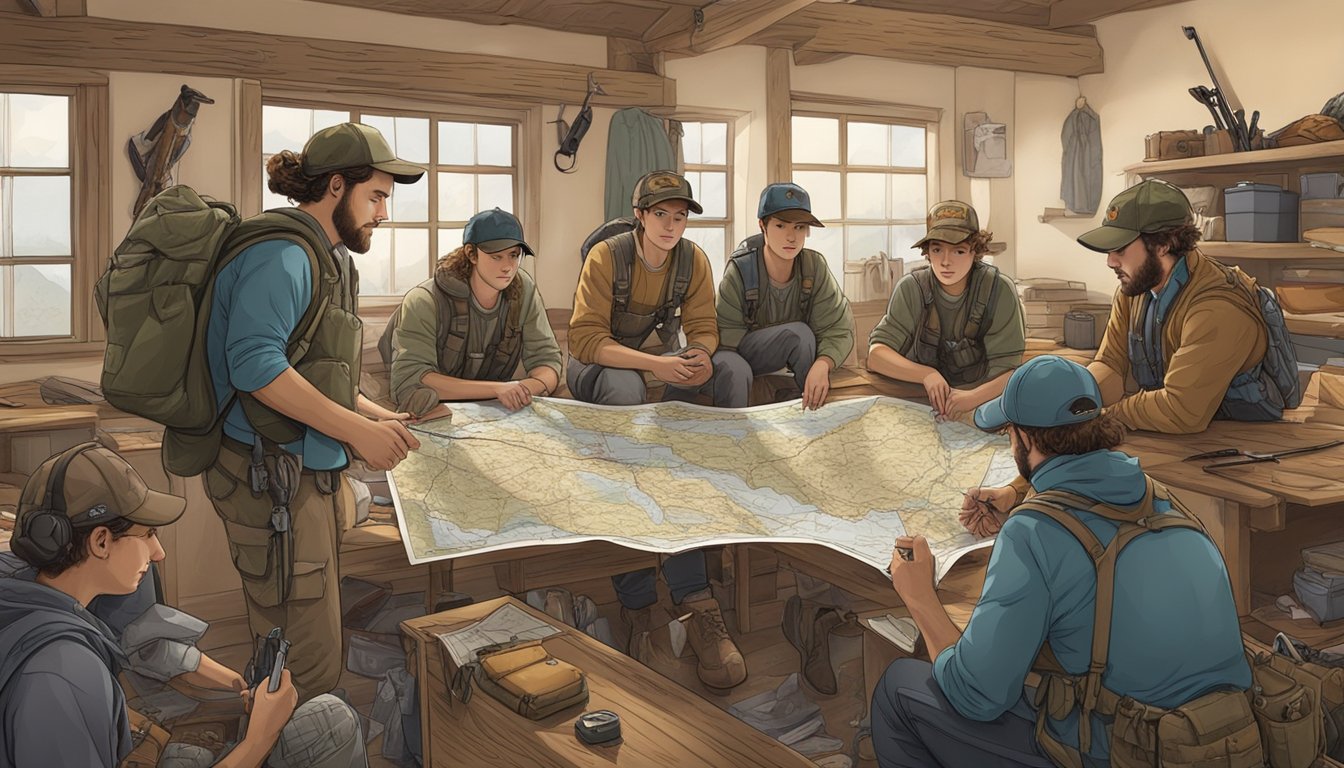 A group of young hunters gather around a map, discussing their plans for the upcoming youth hunting opener. Gear and supplies are scattered around the room as they organize their trip