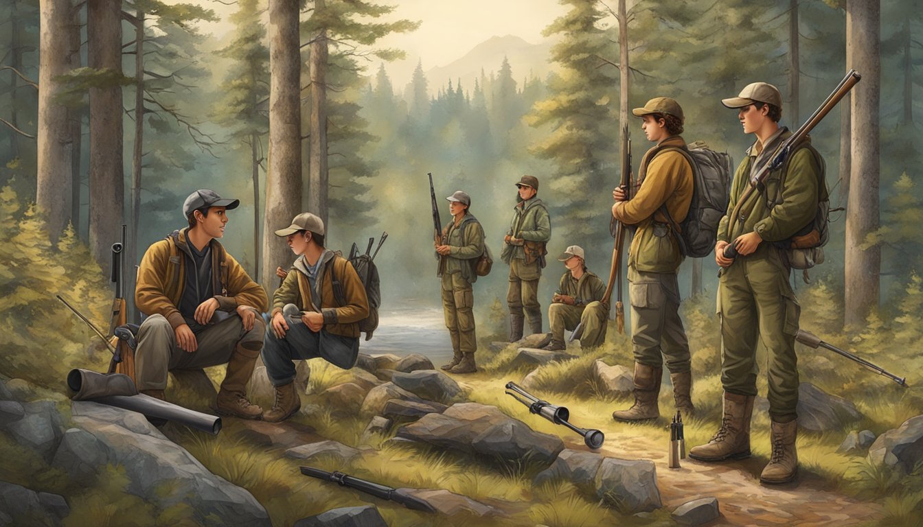 A group of young hunters gather with their gear and equipment, surrounded by a forested landscape. Licenses, tags, and permits are prominently displayed