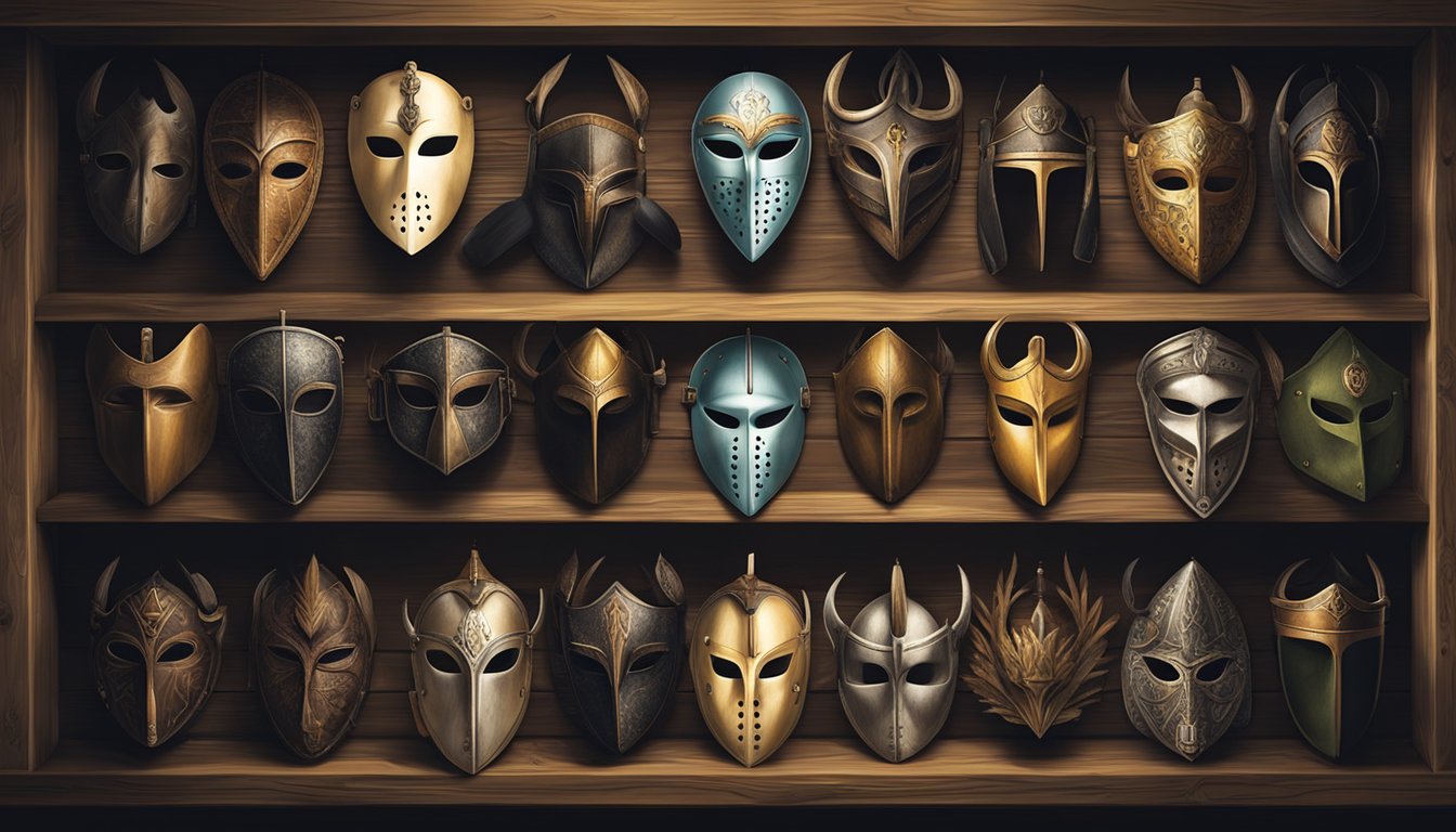 A group of youth hunting masks hanging on a wooden rack in a dimly lit cabin