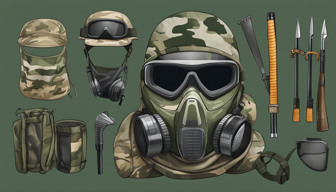 A camouflage hunting mask made of durable canvas and mesh fabric, surrounded by various hunting gear and equipment