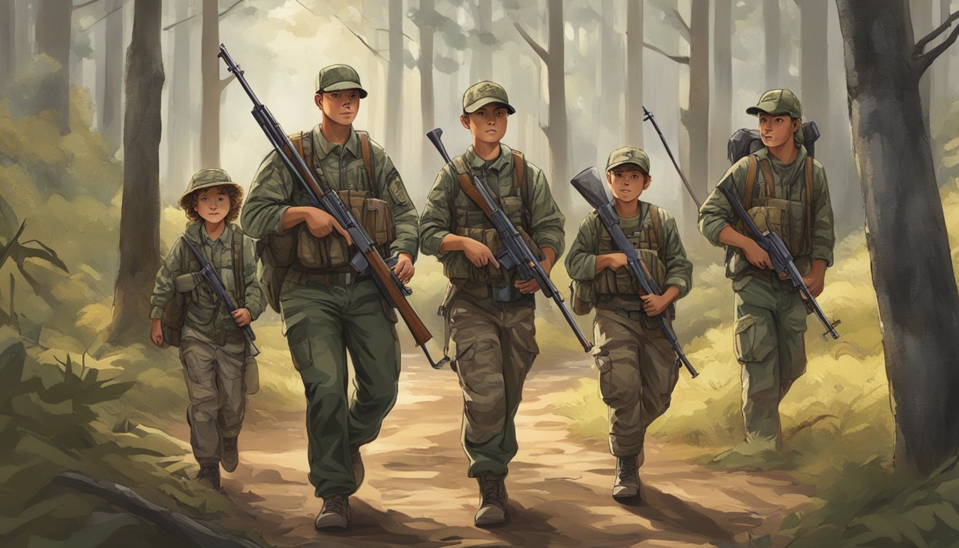 A group of young hunters in camouflage gear, carrying rifles and walking through a wooded area. A mentor guides them, emphasizing responsible hunting practices