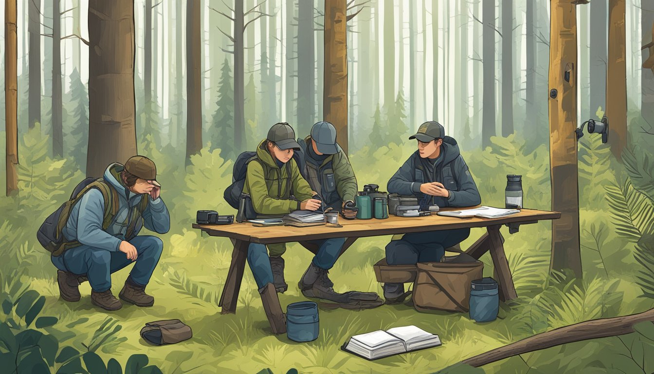 A group of wildlife researchers monitor animal populations in a forest clearing on youth hunting opener. Binoculars and data notebooks are scattered across a makeshift table